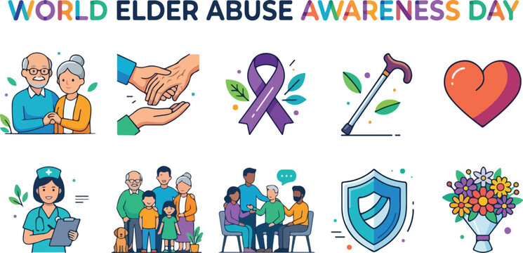Elder Abuse Awareness Day vector icon set for awareness and prevention campaigns