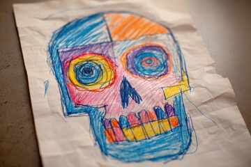 Obraz premium Colorful hand drawn skull on crumpled paper with vibrant blue orange and yellow colors, artistic sketch with rough lines and creative expression on textured surface.