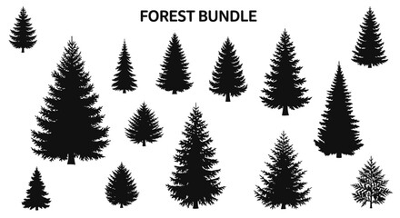 Obraz premium Set of Diverse Pine Tree Silhouettes, Forest Bundle Vector Graphics