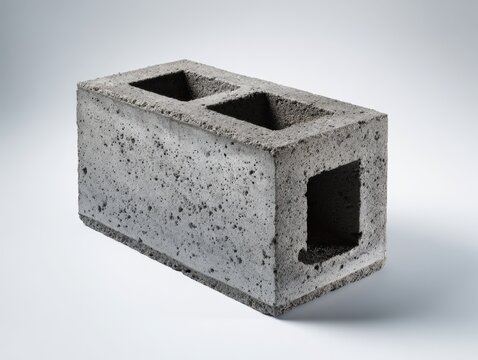 Single gray lightweight concrete block with hollow core cavities isolated on white background for construction use