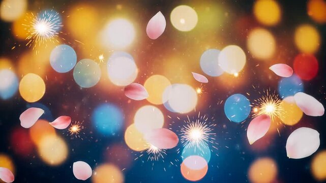 Rose petal falling on festive sparkling gold and blue background. Traditional celebration bokeh light for Ganesh Chaturthi. Abstract religious festival concept.