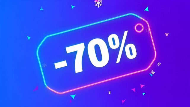 Discount sale advertisement with a colorful tag and confetti on a purple background