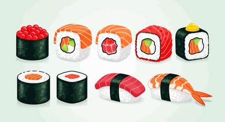 Variety of sushi rolls and pieces. © Awaludin