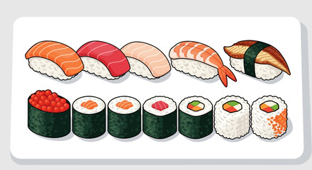Variety of sushi and maki rolls. © Awaludin