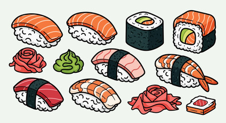 Variety of sushi and sashimi pieces. © Awaludin