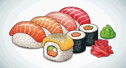 Variety of sushi rolls and pieces. © Awaludin