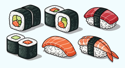 Variety of sushi rolls and pieces. © Awaludin