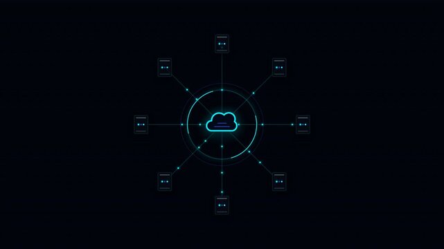 A digital cloud icon centered with interconnected nodes representing a cloud network on a dark background