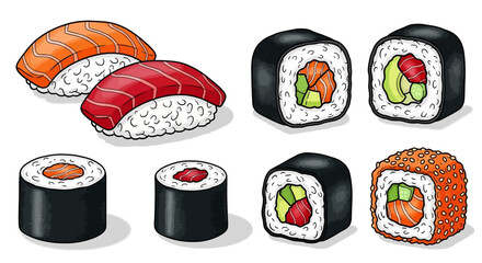 Variety of sushi rolls and pieces. © Awaludin