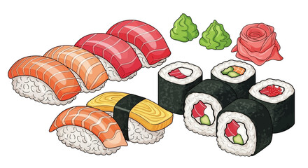 Variety of sushi and maki rolls. © Awaludin