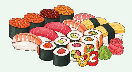 Variety of sushi and maki rolls. © Awaludin