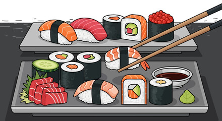 Variety of sushi on plates. © Awaludin