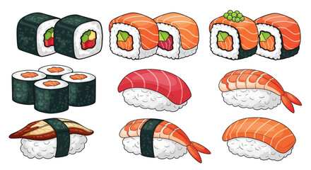 Variety of sushi and maki rolls. © Awaludin