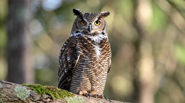 Great Horned Owl Perched on a Mossy Branch