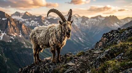 Obraz premium Majestic Alpine Ibex Stands Proudly on Rocky Mountain Peak at Sunset.