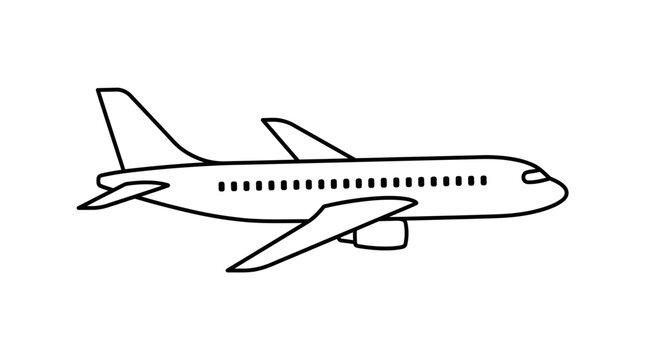 A minimalist line drawing of a commercial airliner in flight, depicted in a simple, single-line artistic style on a white background, symbolizing travel, transportation, and aviation.