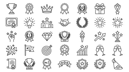 Fototapeta premium A collection of 30 black line icons depicting various achievement symbols, awards, and celebratory elements in a minimalist style on a white background, representing success and recognition.
