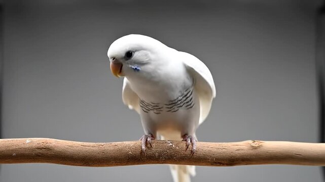 White parakeet perched on a branch, subtle feather movement