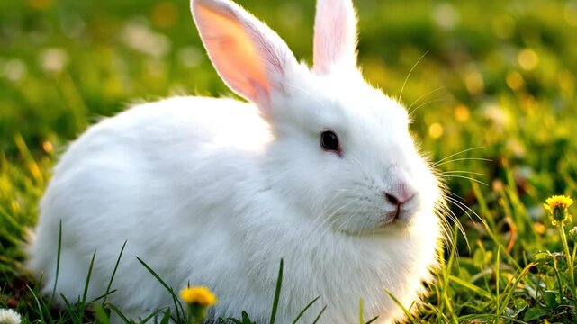 White Rabbit in Sunlit Grassy Meadow