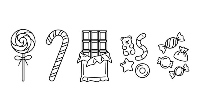 Black and white line art of various sweet treats including lollipop candy cane chocolate bar gummy bear star licorice and assorted candies on white background in a playful simple illustrativ
