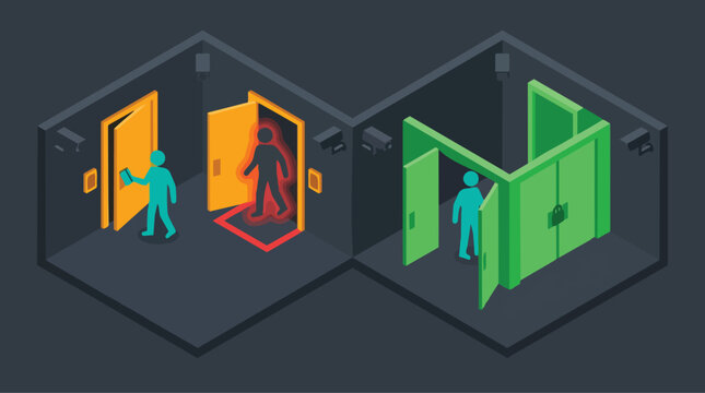 Security Access Control System Illustration Showing Successful Authorized Entry and Unauthorized Intruder Detection