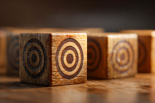 Wooden blocks featuring concentric circle target symbols arranged on a polished surface with warm, focused lighting highlighting the front block in sharp detail