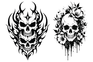 Obraz premium Gothic Flaming Skull and Floral Skull Illustration Set,