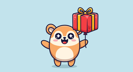 Adorable Hamster with Sparkling Eyes Holding a Red Gift Box Balloon. © Haroh