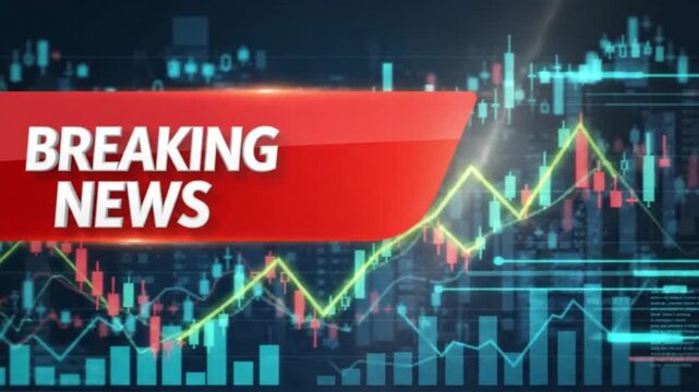 Modern &ldquo;Breaking News&rdquo; financial broadcast animation featuring bold red news banners over a glowing stock market chart interface with candlestick graphs, data lines, and digital trading visuals.