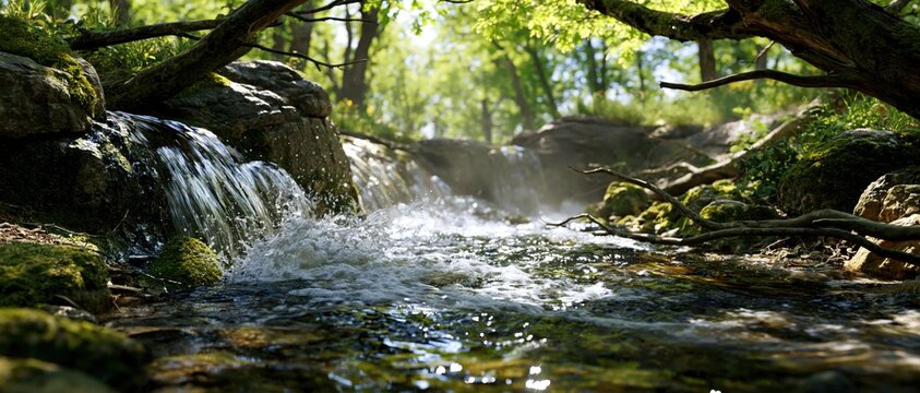 Peaceful forest stream flowing over moss-covered rocks surrounded by lush green trees under gentle sunlight in an enchanting natural landscape scene