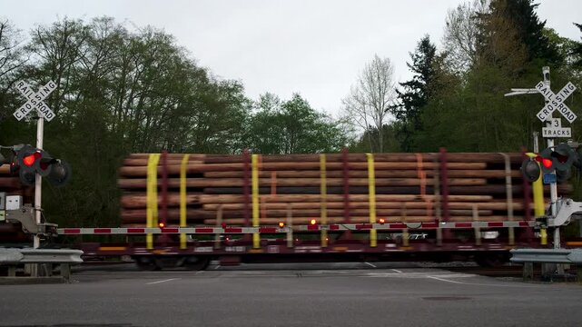 Cinematic Freight Train Passing Rural Railroad Crossing