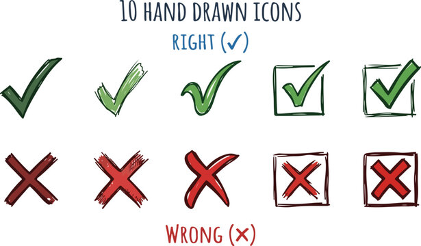 Hand Drawn Vector Check Mark and Cross Icons Set for Voting and Approval