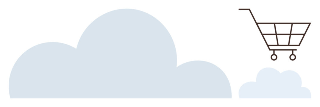 Cloud services, e-commerce platforms, online shopping, digital marketplaces, data storage, hosting solutions. Minimalistic shopping cart and cloud graphic. Cloud services and e-commerce platforms