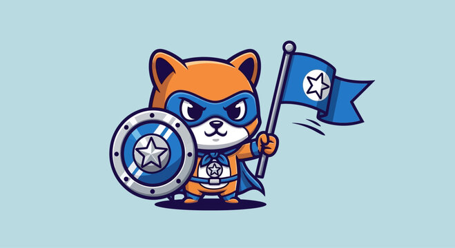 Cute superhero animal character holding shield and flag.