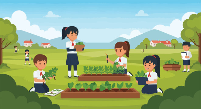 Group of school children in uniform are gardening together, harvesting vegetables and taking notes in a scenic outdoor environment.