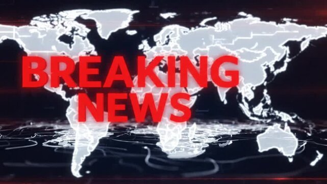 High-impact &ldquo;Breaking News&rdquo; broadcast animation featuring bold red headline typography over a glowing digital world map with futuristic network lines and global communication visuals.