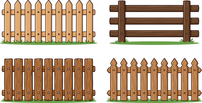 Set of Wooden Fence Vector Illustrations Featuring Picket, Rustic, and Horizontal Log Fences for Garden, Yard, Landscaping, and Outdoor Designs