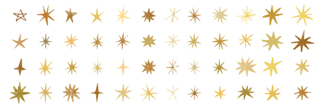 Yellow gold hand drawn stars isolated on background. Crayon and pencil doodle elements with sketch texture for kids design, decoration, cute patterns, magic theme, creative art and festive projects.