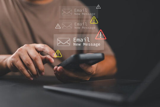 Spam email and phishing threat alert on smartphone, representing cybersecurity warnings, inbox protection, online safety, fraud detection, and mobile communication risks.