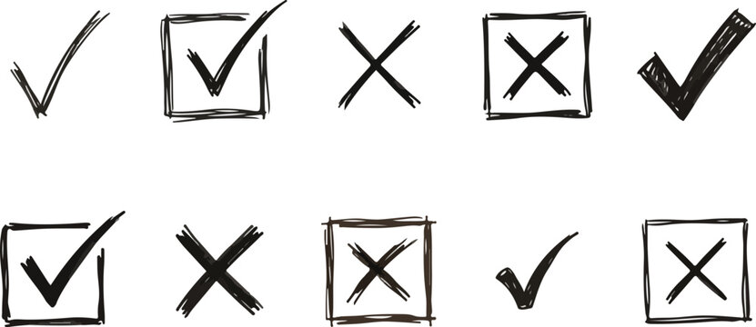 Set of hand drawn vector check mark and cross icons in squares and plain