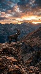 Fototapeta premium Majestic Ibex Standing Proudly on a Rocky Mountain Peak at Sunset.