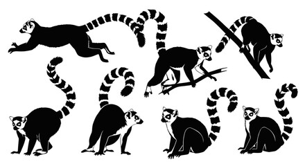 Lemur Silhouettes: Diverse Poses of Madagascar Primate Collection © Inung