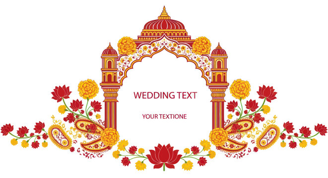 Indian Archway Wedding Invitation Frame with Floral Border and Paisley Motifs