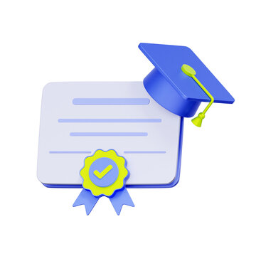 3D illustration of a diploma certificate with a graduation cap and checkmark for academic achievement, educational qualification, certified training, graduation proof, and professional certification.