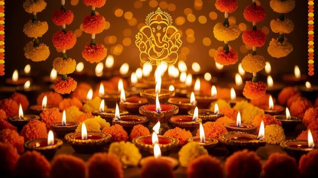 Devotional oil lamps lit for Ganesh Chaturthi festival. Glowing ritual diya with floral decor and golden deity symbol celebrating Hindu tradition spiritual light.