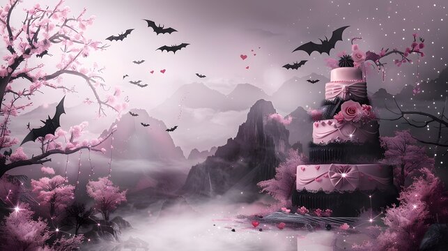 Kawaii Gothic Fantasy Cakes with Mount Fuji, Ribbons and Dreamy Pink Aesthetic