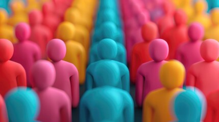 Fototapeta premium ro view of a conceptual crowd of abstract colorful figurines in ordered rows with shallow depth of field highlighting key figures conveying themes of diversity and collective identity
