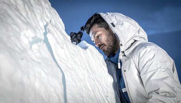 Extreme Expedition: A bearded explorer in a white winter jacket, with a headlamp on, meticulously examines a sheer ice wall, focused and determined amidst a cold, stark landscape.