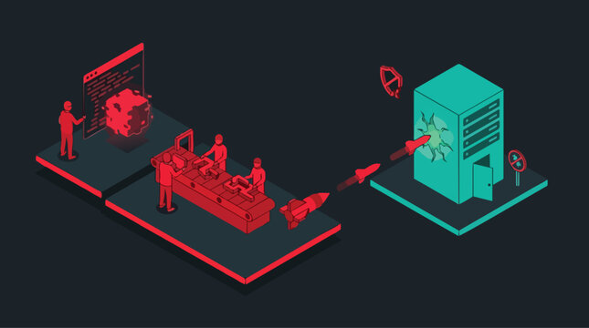 Cybersecurity Team Developing Vulnerability Exploits and Launching a Simulated Cyber Attack on a Secure Server Network