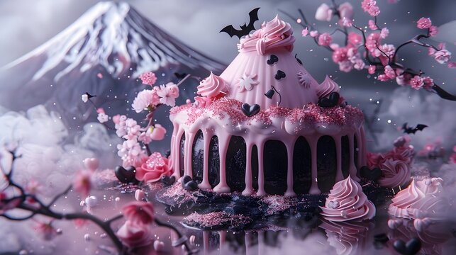 Kawaii Gothic Fantasy Cakes with Mount Fuji, Ribbons and Dreamy Pink Aesthetic